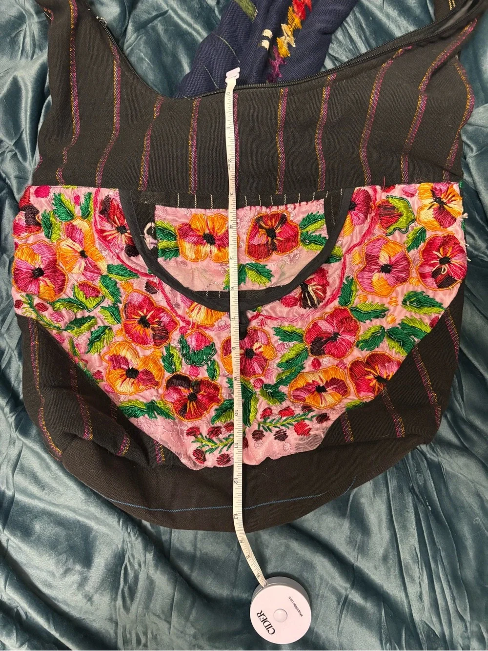 Embroidered Floral Black Hobo Bag with Pink Accents